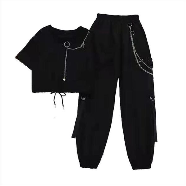 

plus size summer chain women pants cargo streetwear 2 piece suit loose t shirt two, Black;white