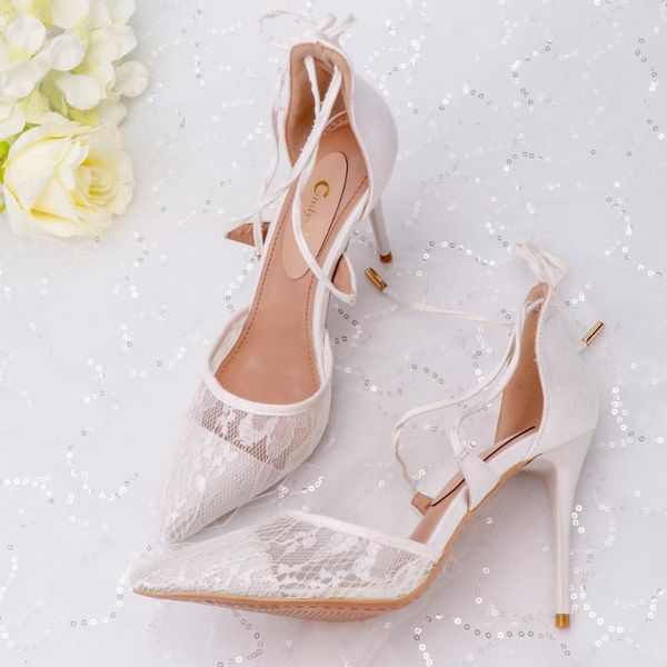 

woman sandals white lace hollow strap thin heels wedding party female shoes 10cm high summer graceful, Black