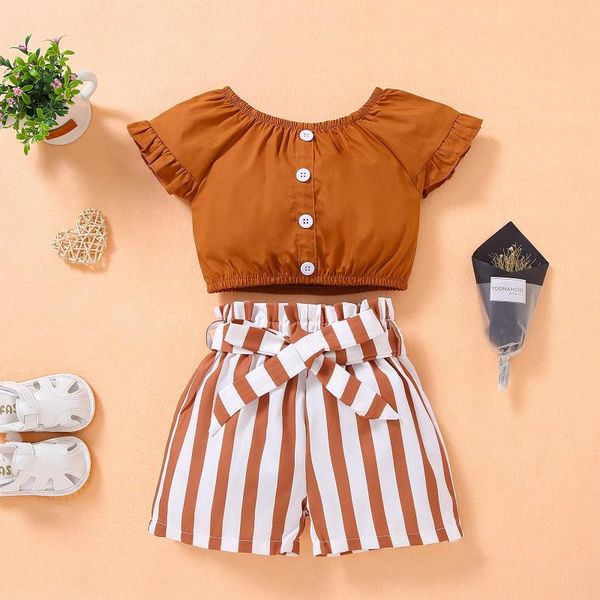 

clothing sets children's toddler kids baby girls short sleeve button t shirt striped print shorts outfits set fashion, White