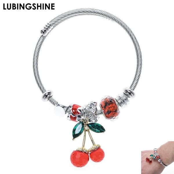 

charm bracelets fashion cherry charms stainless steel bangles crystal disco ball pendant adjustable bracelet jewelry for women pulsera, Golden;silver