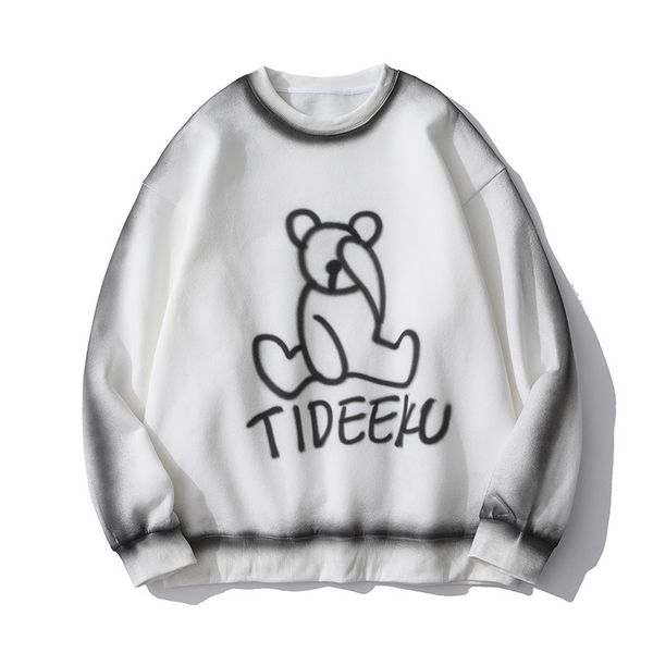 

fashion fleece hoodies cartoon bear print plush sweater men's ins harajuku trend loose round neck pullover, Black