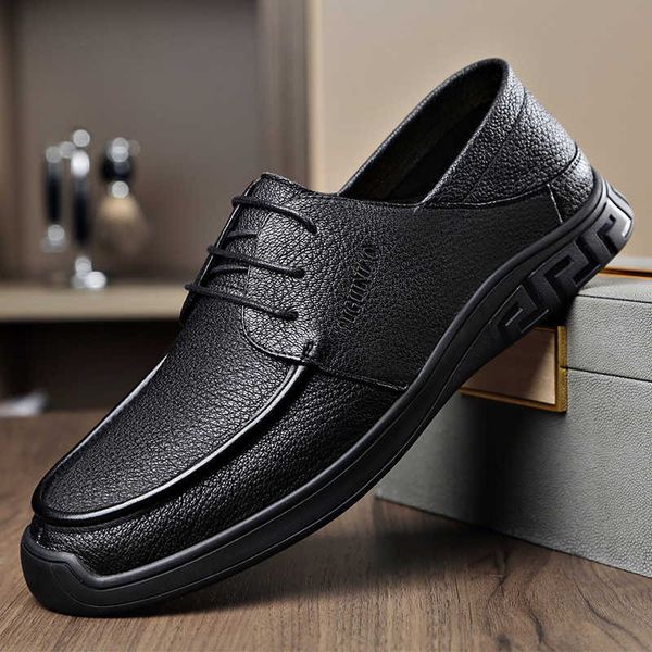 

leather breathable lace up casual men's sho soft leather sole low anti slip wear-ristant black small social