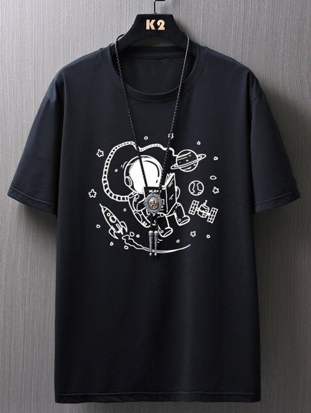 

men astronaut print drop shoulder tee s4im#, White;black