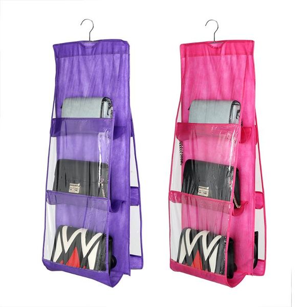 

storage bags transparent handbag purse bag double sided 6 pockets hanging books organizer dustproof foldable wardrobe closet hanger