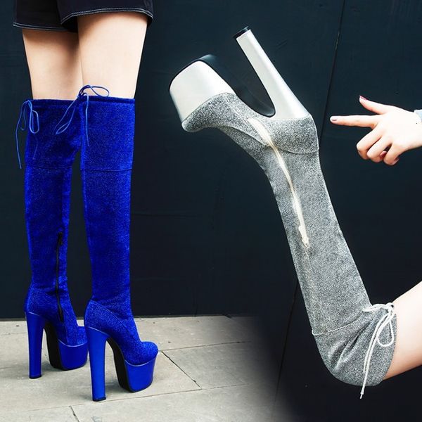 

plus size 33 to 42 43 44 ultra heels glitter cloth platform over the knee thigh high boots 17cm, Black