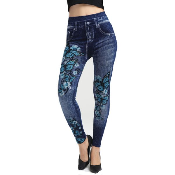 

leggings fashion spring blue butterfly print imitation denim women's elastic slim pants k272, Black