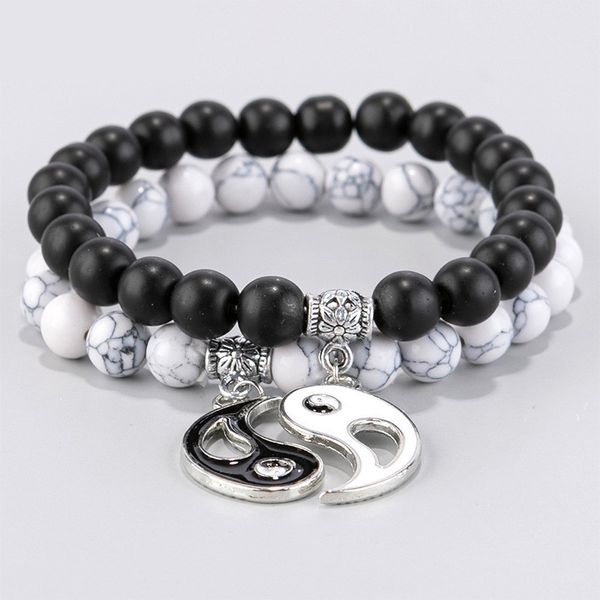 

classic lovers enameled yin yang gossip charm white turquoise black beads strands bracelet wholesale 2pcs/set, Golden;silver