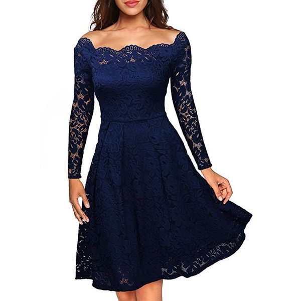 

casual dresses woman dress 2021 long sleeve slash neck wedding party wear a-line robe vintage red black lace plus size s-3xl, Black;gray