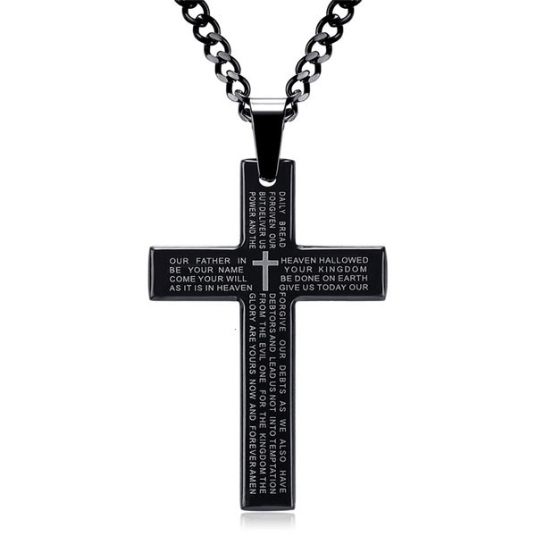 

necklaces pendants retro christian jesus single titanium scripture cross necklace stainless steel black prayer choker for men colar, Silver
