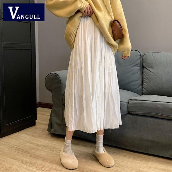 

skirts vangull white high waist pleated skirt women summer elastic loose ins style female party mid- calf, Black