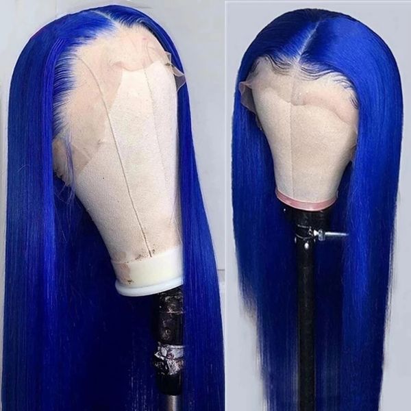 Parrucche brasiliane per capelli lisci lunghi e morbidi per donna parrucca sintetica frontale in pizzo blu/grigio/giallo/arancione Cosplay