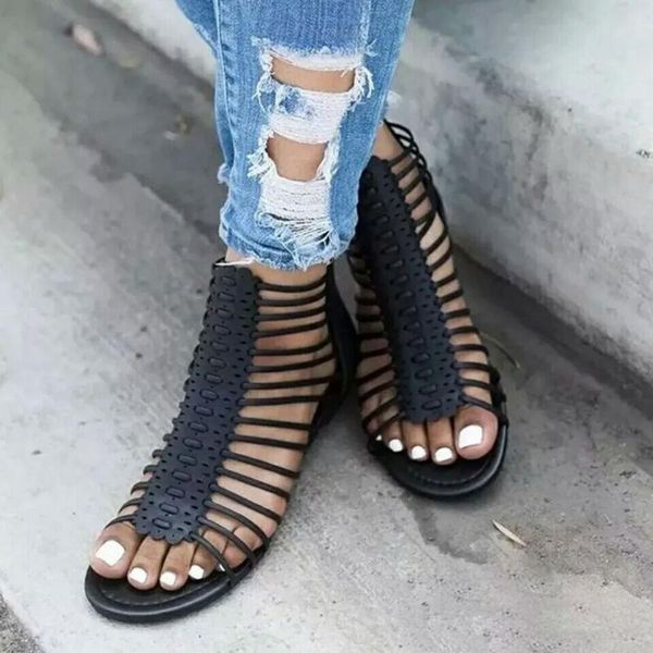 

summer women's sandals solid color hollow lace thin belt combination comfortable wild roman beach shoes factory direct, Black