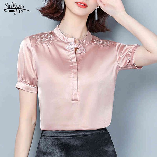 

summer embroidery short sleeve blouse women korean solid pullover shirts silk o neck ladies clothes 9188 50 210508, White