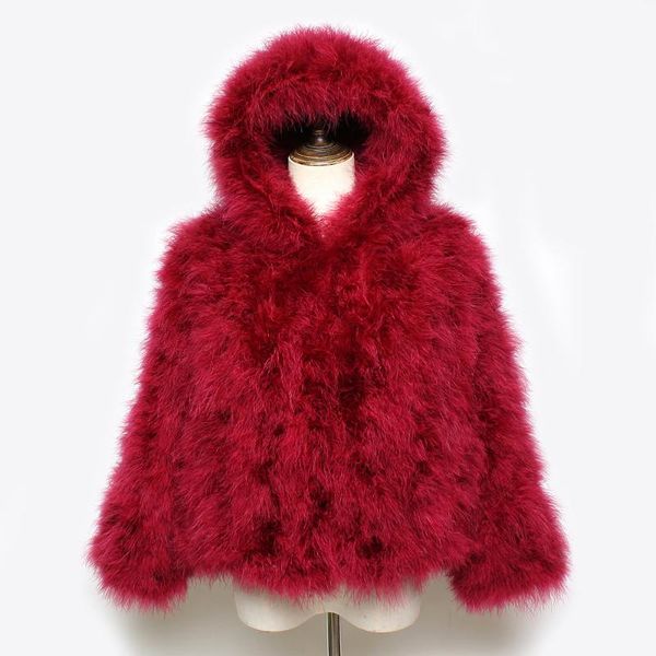

winter genuine ostrich fur hooded coats long sleeve fluffy feather jacket 100% natural women's & faux, Black