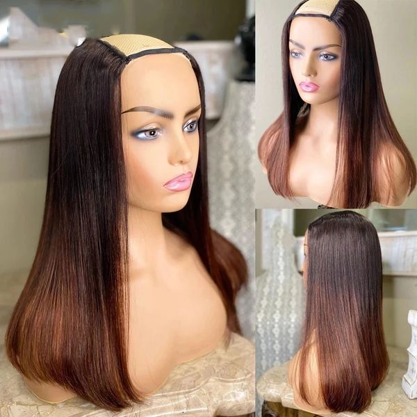 Ombre Dark Auburn Blonde gerade u Teil Perücken brasilianische jungfräuliche menschliche Haare u formen glühlos 250densität mit Gurten Kämme