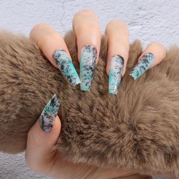 

false nails 24 pcs nail tips long ballet t-shaped extra patch bright oil marble pattern fake detachable tip, Red;gold