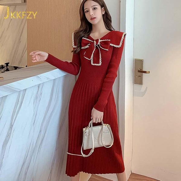 

casual dresses winter knitting vestir sweater dress women 2021 red elegant long sleeve bow pleated vestito lady designer kleid black robe, Black;gray