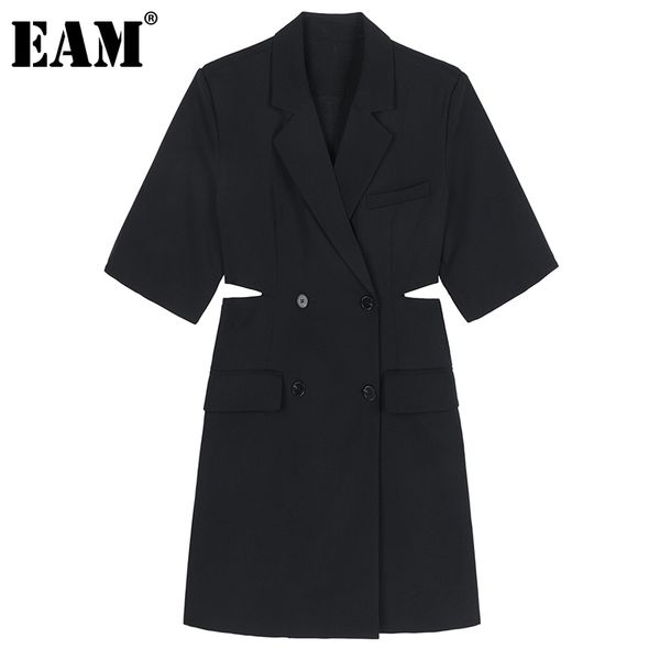 

[eam] women black hollow out blazer dress lapel three-quarter sleeve loose fit fashion spring summer 1dd8751 210512, Black;gray