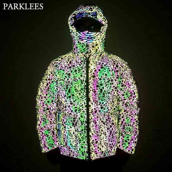 

hip hop line reflective hooded jacket men thick parkas windbreaker fluorescent streetwear warm jacket harajuku coat outwear 210522, Black;brown