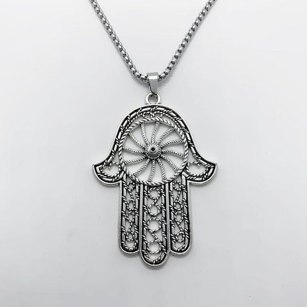 

fashion large size metal hand of fatima pendant necklace evil religion stainless steel jewelry chains, Silver