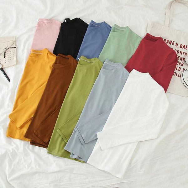 

korean solid color bottoming autumn women t shirts long sleeve o neck pink white harajuku casual loose female