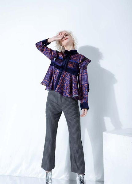 

blouses special religious violet tile design printed velvet bow shirt shreds, White