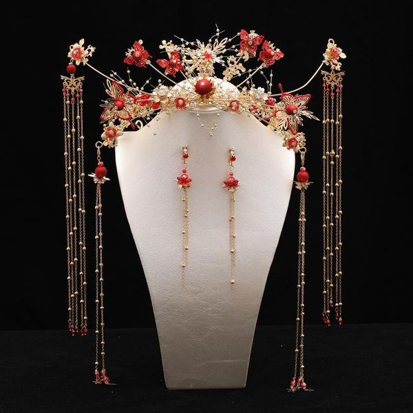 

earrings & necklace traditional chinese crown for bride wedding hair accessories pearls rhinestone tiaras earring xiuhe headdress bridal jew, Silver