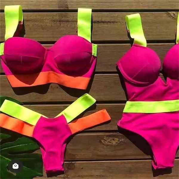 Sexy Patchwork Bikini Mulher Swimsuit Push Up Brazilian Swimwear Terno de Banho Feminino Biquini Neon Beachwear Natação Tanga 210407