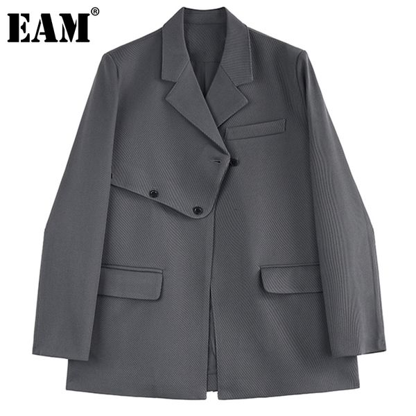 

[eam] women black asymmetrical pocket blazer lapel long sleeve loose fit jacket fashion spring autumn 1dd6668 210512, White;black