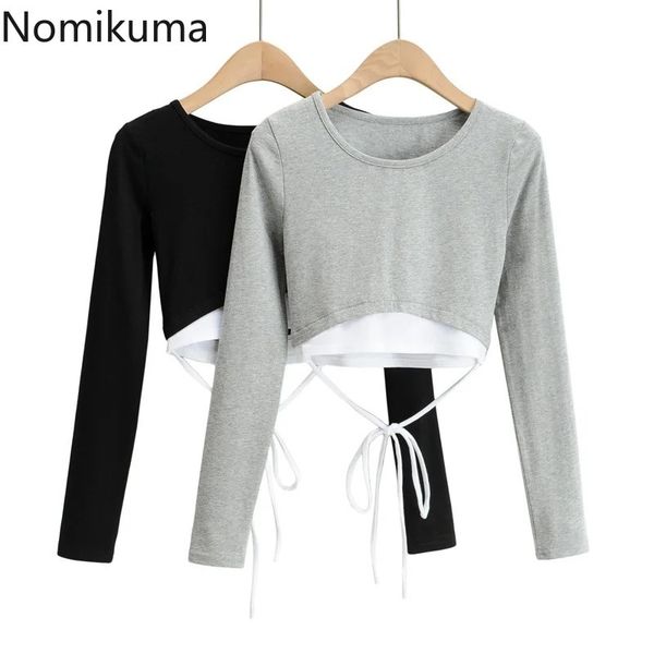 

nomikuma bow tie fake two pieces women t shirts spring new crop tees korean patchwork long sleeve o-neck tshirt 6f433 210427, White