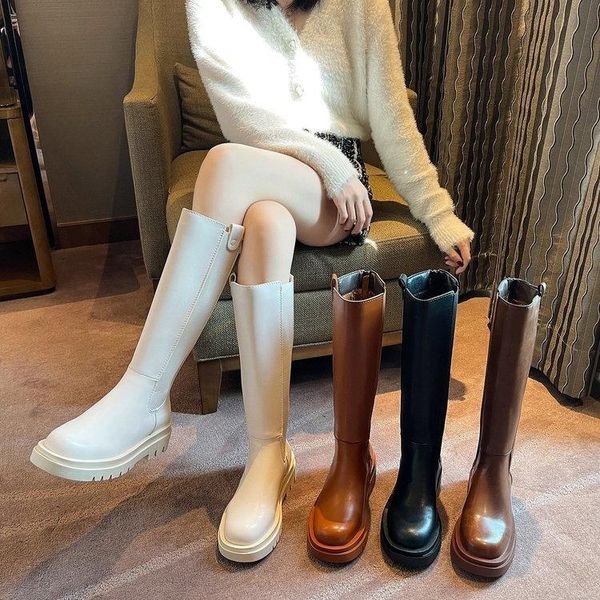 

boots elegant woman shoes winter footwear boots-women round toe thigh high heels 2021 rubber leather autumn ladi, Black
