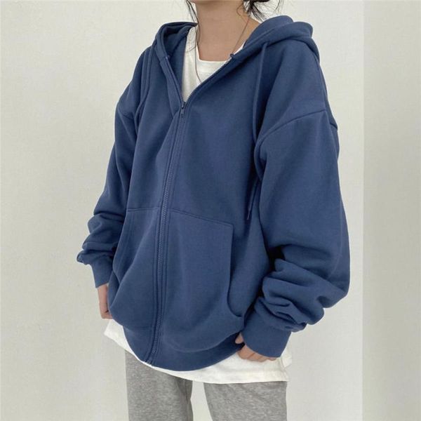 

women's hoodies & sweatshirts ladies zipper hoodie solid color pocket oversized harajuku korean sweatshirt long sleeve loose jacket str, Black