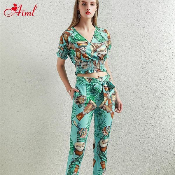 

summer 2021 designer female v-neck short sleeve elastic leisure print set pants holiday lady party clothes 2 two pieces women's tracksu, Gray