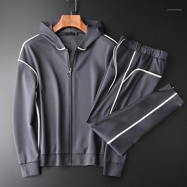Hoodies dos homens moletons homens luxo alta densidade spandex tecido fino ajuste moletom 2 pcs (hoodies + calças) Cinza encapuçado