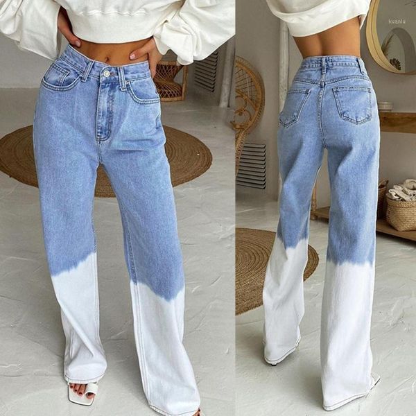 

women's pants & capris women denim high waist straight wide leg jeans gradient tie-dye color block harajuku hip hop trousers with pocke, Black;white