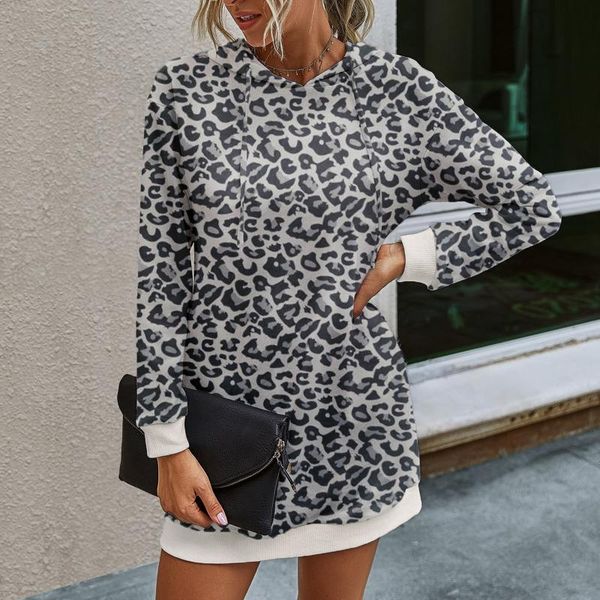 

casual dresses fashion leopard print woman korean dress printing hood leisure time long sleeves pocket vestido de mulher, Black;gray