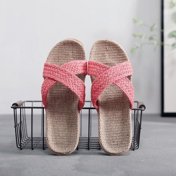 

summer woven sandals with cross straps women non-slip flat shoes linen slippers open toe slides flip flops, Black