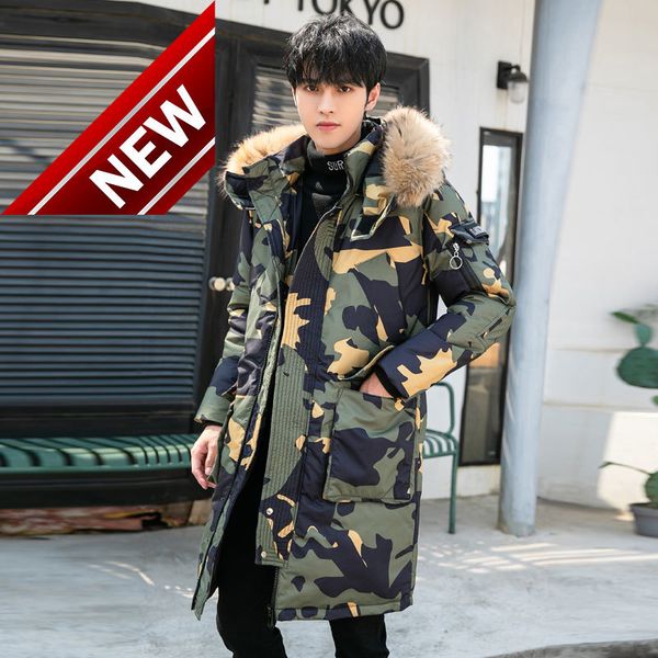 

winter men's trend thickened long down jacket big fur collar hooded run same style brand young man fashion, Black