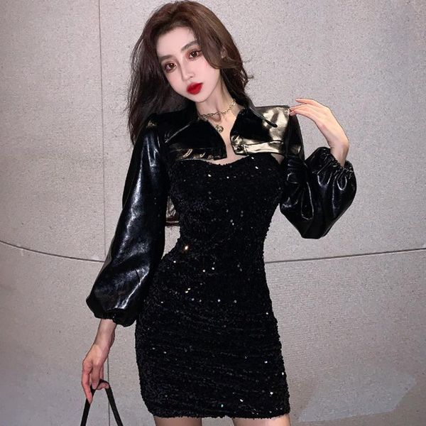 

women's tracksuits women dresses party night club dress two-piece fashion pu leather jacket + tight fits hip sling sequin suit 0rjw, Gray