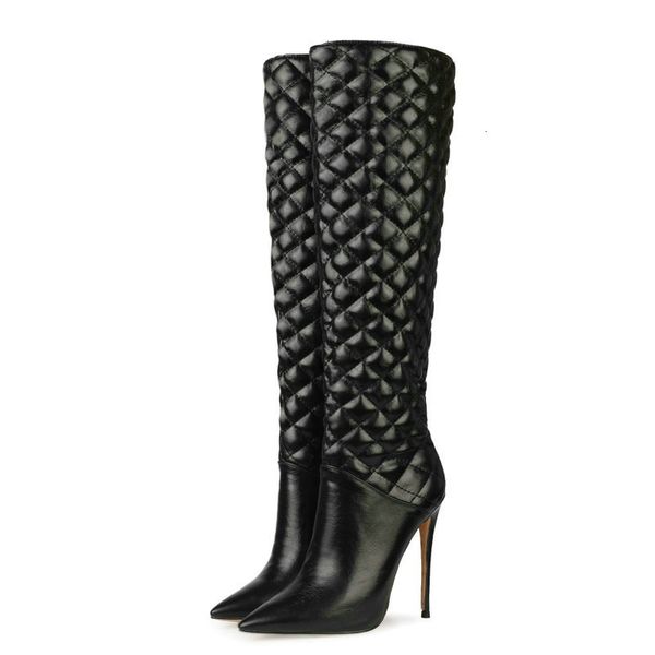 

boots brand women faux leather high heel fashion knee autumn ladies pointed toe winter long dmlx, Black