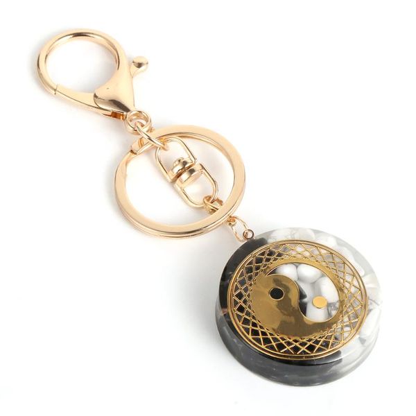 

keychains chinese yin and yang tai chi orgone keychain natural stone black obsidian white turquoises resin healing orgonite car key holder, Silver