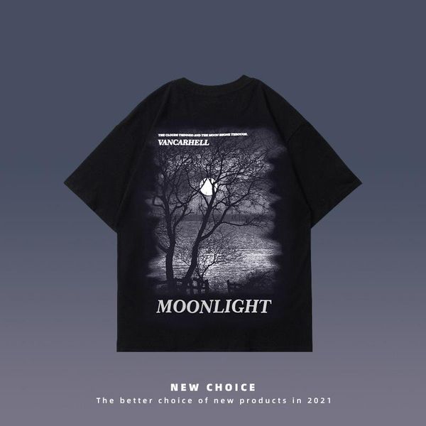 

short sleeve t-shirt men's fashion brand 2021 summer product loose dark scenery print oversize couple dress women t-shirts, White;black