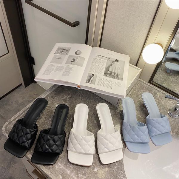 

slippers women summer low shallow female shoes square toe slides med thin heels 2021 basic pu rubber fabric, Black