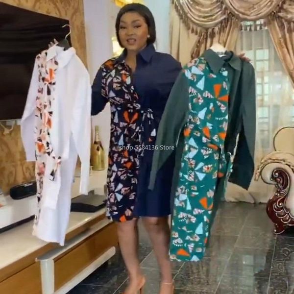 

women printed patchwork shirt dress with waist belt knee length african fashion navy blue white autumn plus size xxl casual dresses, Black;gray