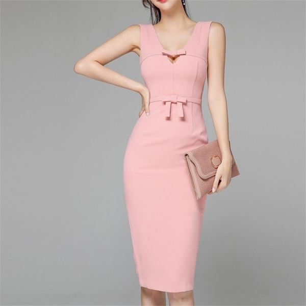 

women's dress summer korean temperament v-neck bow tie hollow stitching slim office lady polyester 210416, Black;gray