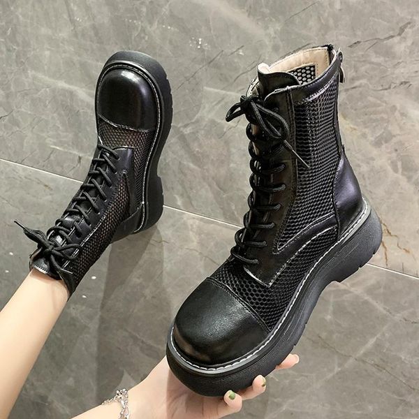 

boots shoes women 2021 round toe summer low rock mid calf ladies sandals rubber mid-calf slip-on basic hoof heels lace-up, Black