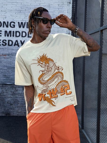 

men chinese dragon & letter graphic tee y9wm#, White;black