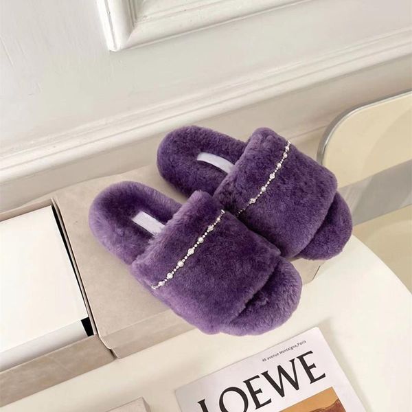 

slippers winter women chic diamond chain fur slides open toe flip flop platform mules flats designer woman shoe, Black