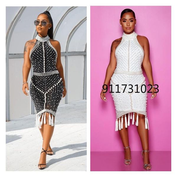 

ethnic clothing 2021 white black tassel beaded sleeveless cocktail party dresses for women summer fashion backless dinner club midi dre, Red