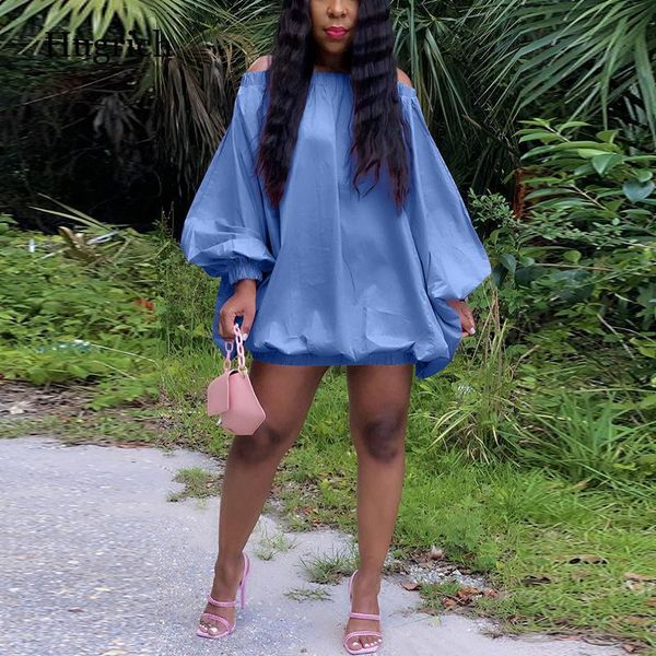 

casual dresses summer dress women robe shirt lantern sleeve off shoulder solid color loose fashion mini, Black;gray